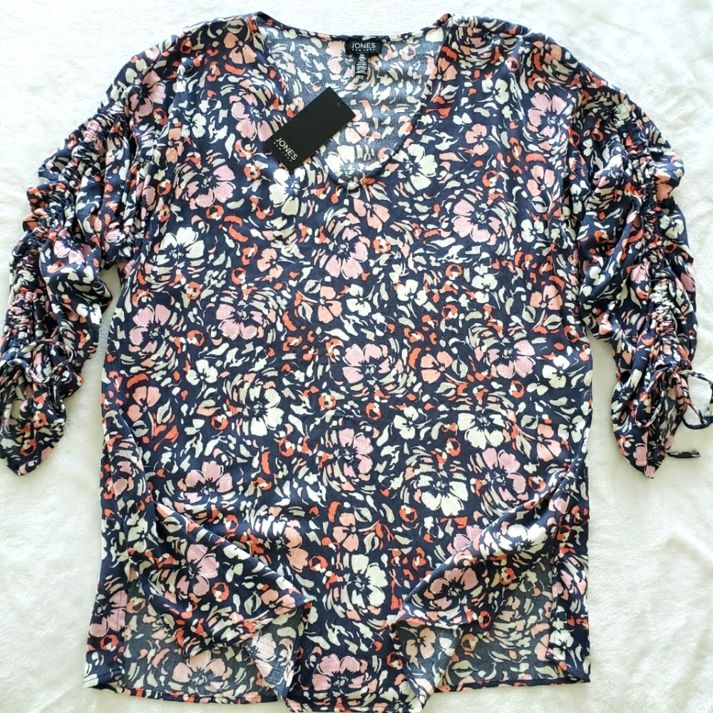 JONES NY Ruched Long Sleeve Floral Tunic Cover Up—L